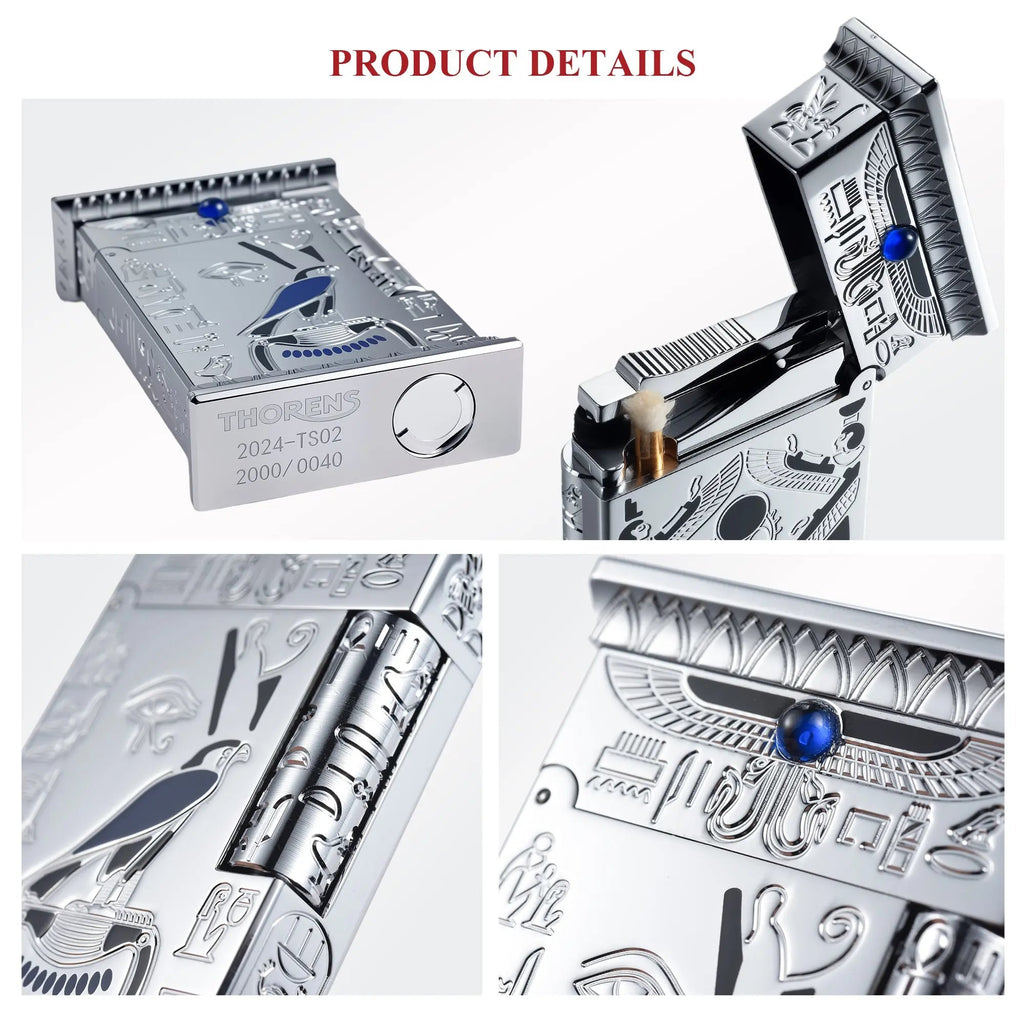 Detailed close-ups of the Pharaoh's Light Silver lighter, showcasing the bottom serial number engraving, blue gemstone inlay, and precision mechanical flint roller.