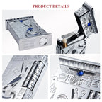 Detailed close-ups of the Pharaoh's Light Silver lighter, showcasing the bottom serial number engraving, blue gemstone inlay, and precision mechanical flint roller.
