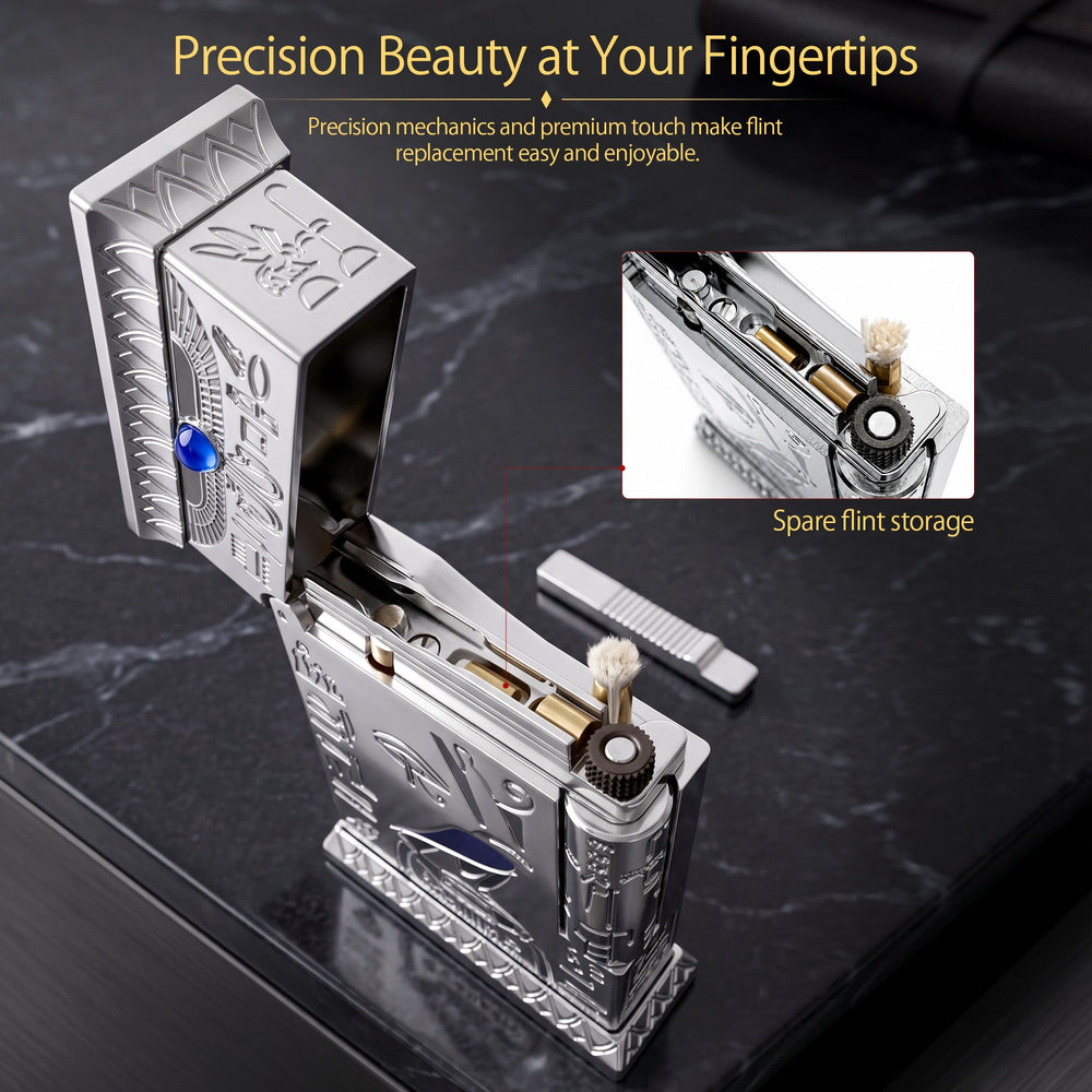 Detailed close-ups of the Pharaoh's Light Silver lighter, showcasing the bottom serial number engraving, blue gemstone inlay, and precision mechanical flint roller.
