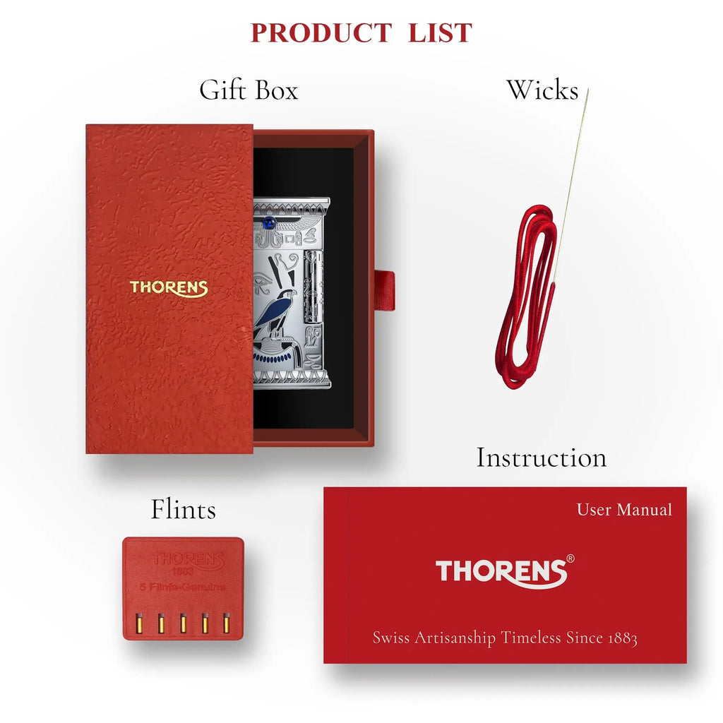 Product list for the Pharaoh's Light Silver lighter featuring the red Thorens gift box, replacement flints, wicks, and a user manual.