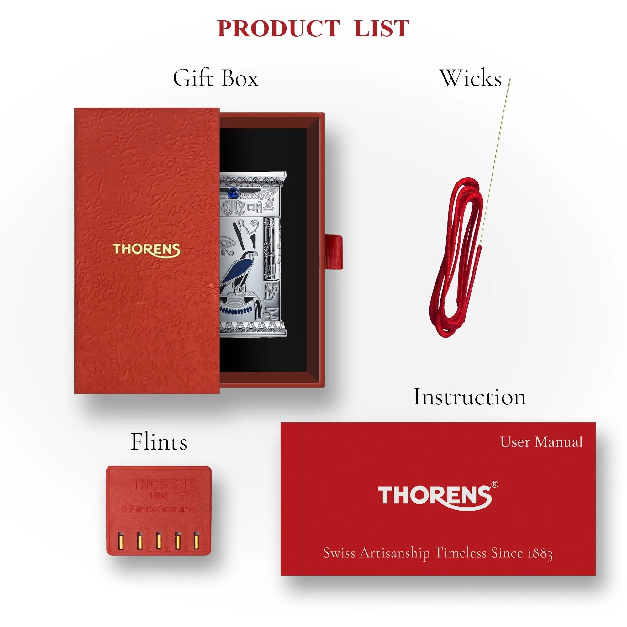 Product list for the Pharaoh's Light Silver lighter featuring the red Thorens gift box, replacement flints, wicks, and a user manual.