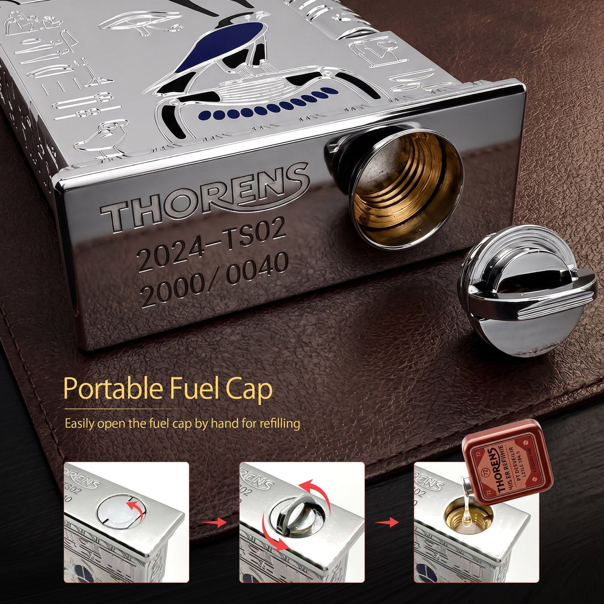 Product list for the Pharaoh's Light Silver lighter featuring the red Thorens gift box, replacement flints, wicks, and a user manual.