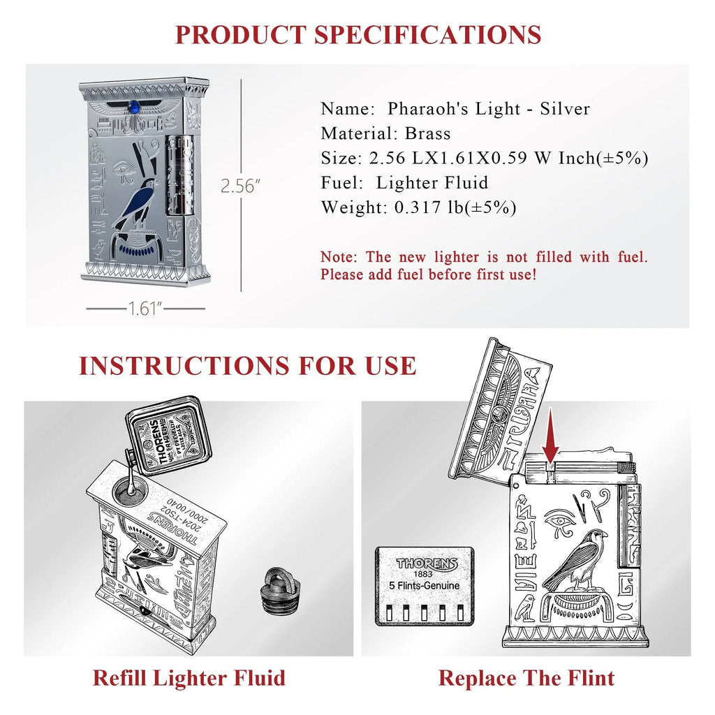 Product specifications and instructions for the Pharaoh's Light - Silver brass lighter, illustrating lighter fluid refilling and flint replacement.