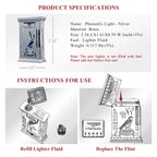 Product specifications and instructions for the Pharaoh's Light - Silver brass lighter, illustrating lighter fluid refilling and flint replacement.