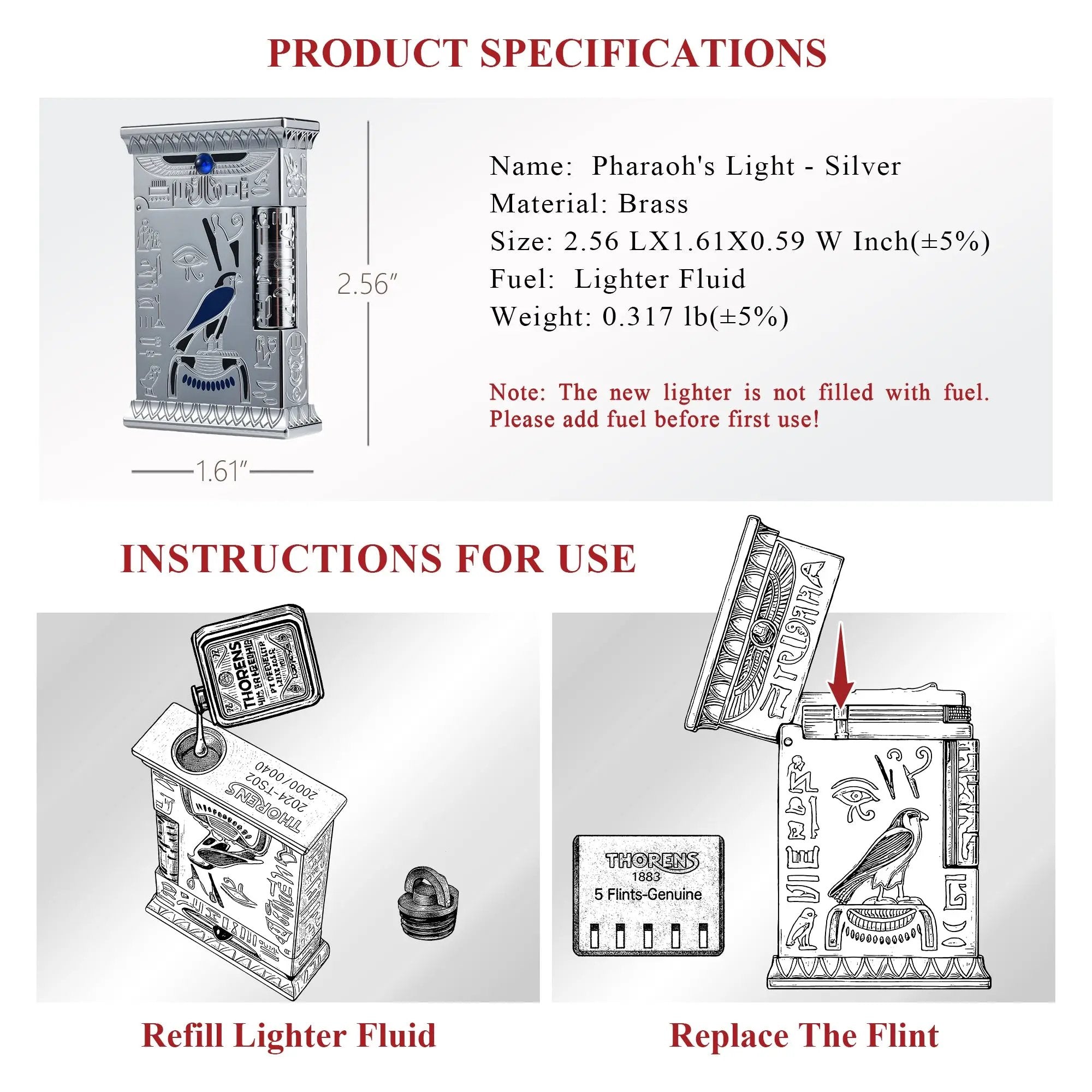 Product specifications and instructions for the Pharaoh's Light - Silver brass lighter, illustrating lighter fluid refilling and flint replacement.