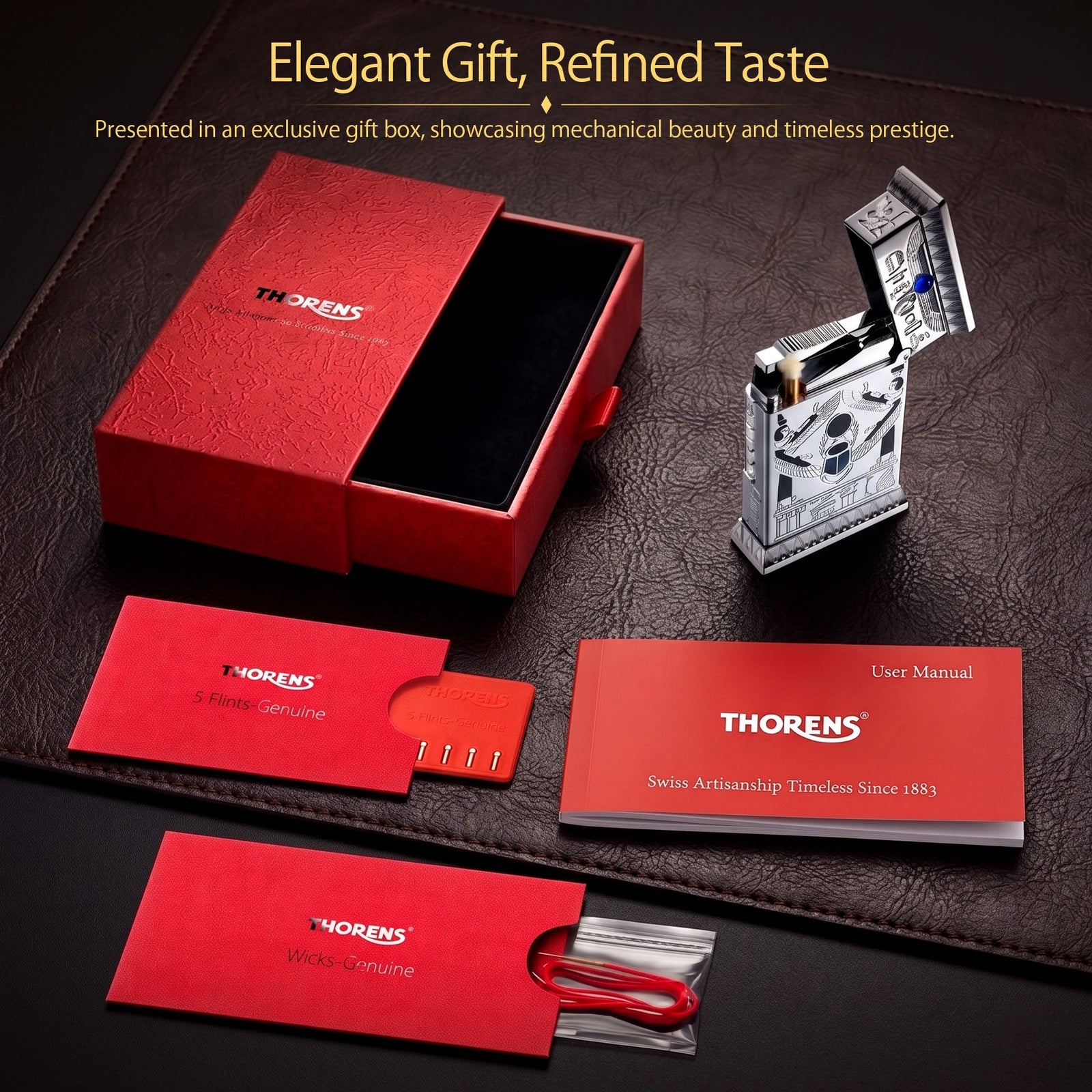 Product specifications and instructions for the Pharaoh's Light - Silver brass lighter, illustrating lighter fluid refilling and flint replacement.