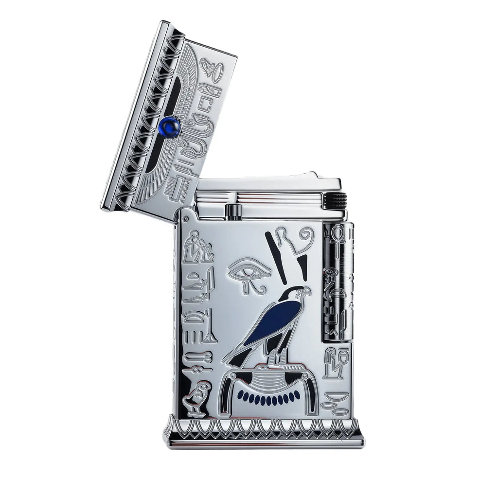 Side profile of the Pharaoh's Light Silver lighter with the lid open, showcasing the high-polish chrome finish and intricate Egyptian falcon engravings.