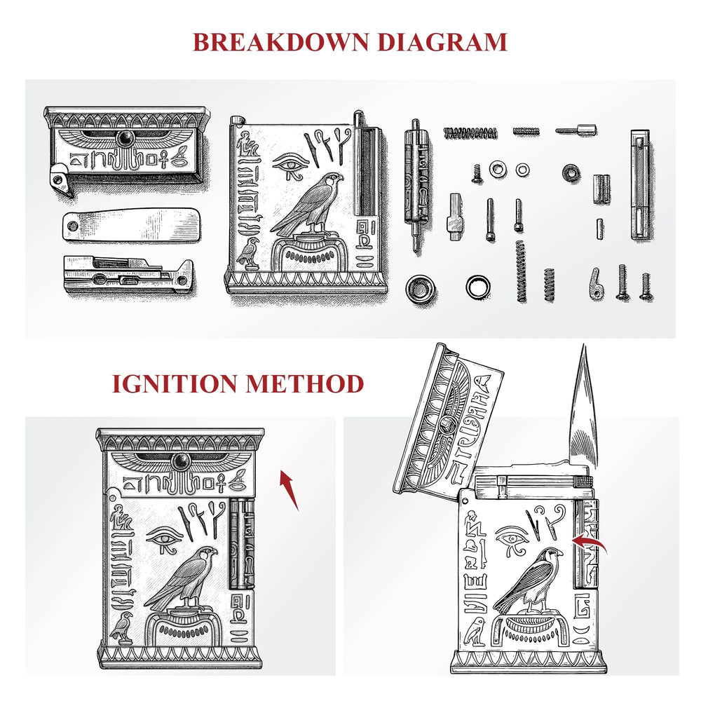 A technical line drawing illustration of the Pharaoh's Light Silver lighter showing its internal mechanical components and the correct ignition method.