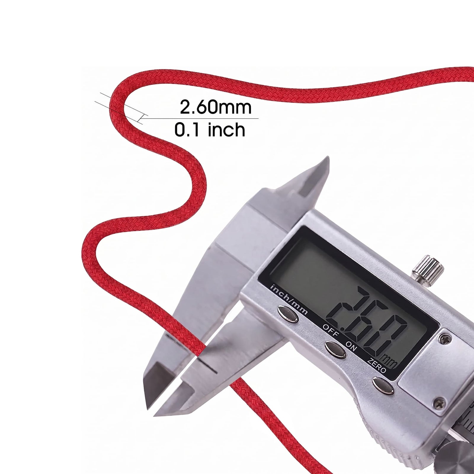 Thorens pure cotton lighter wick measured with a digital caliper, showing 2.60 mm diameter and red braided structure.