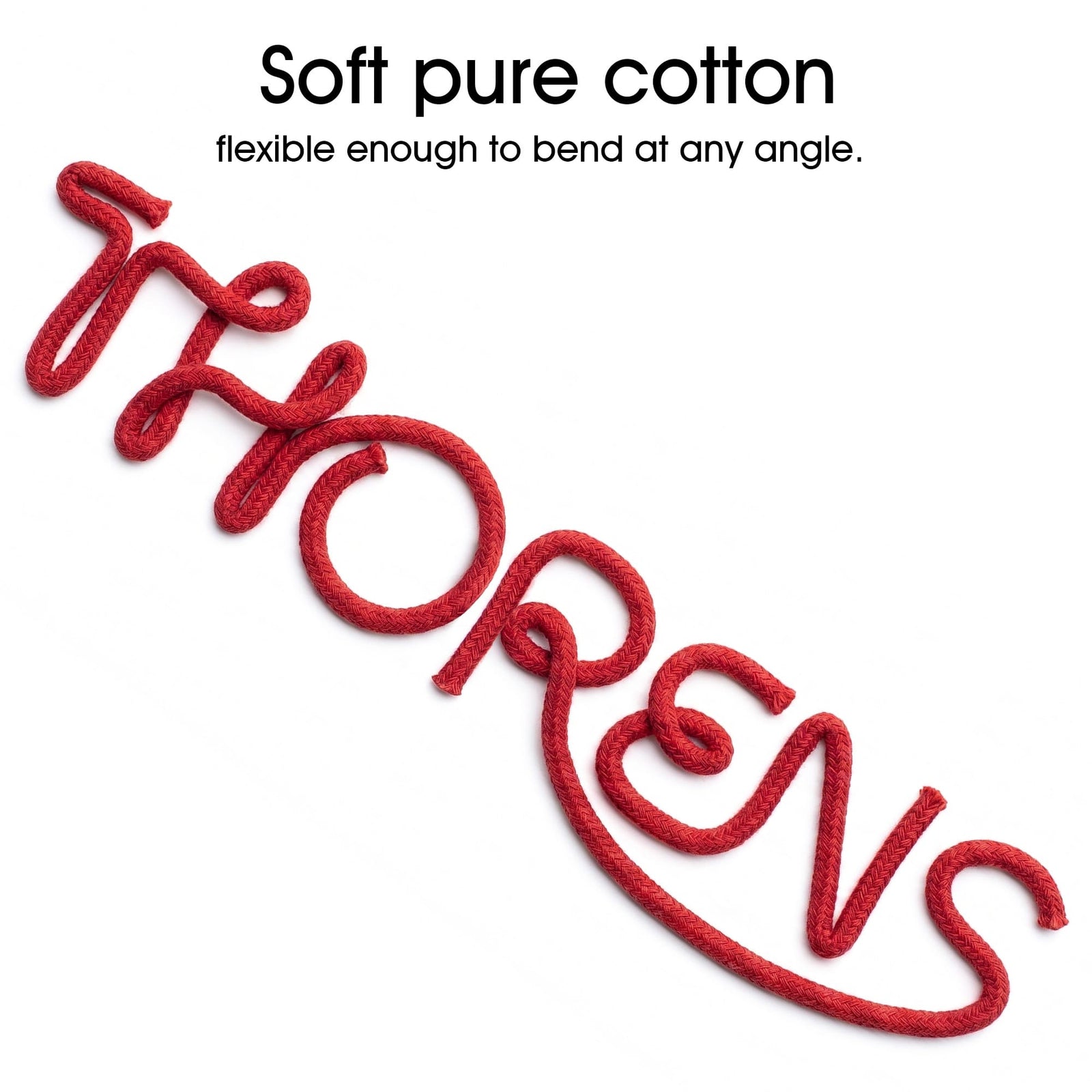 Thorens pure cotton lighter wick shaped into brand lettering, showing soft red braided structure and flexible bending form on a clean background.