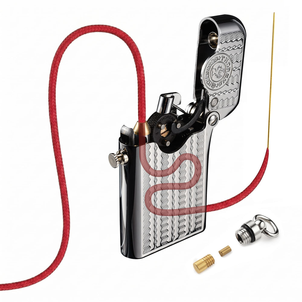 Thorens pure cotton lighter wick shown threaded through an open lighter, with red braided wick path, guide wire, and flint parts displayed beside it.