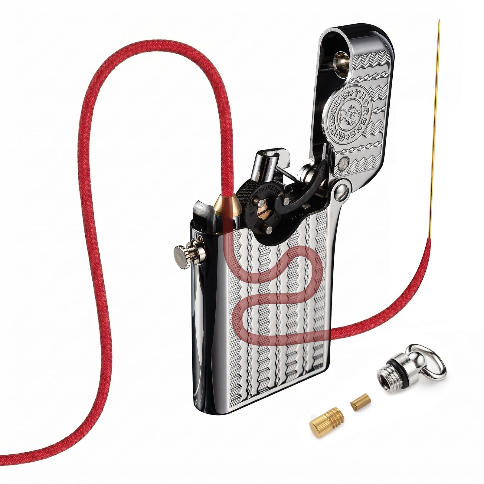 Thorens pure cotton lighter wick shown threaded through an open lighter, with red braided wick path, guide wire, and flint parts displayed beside it.