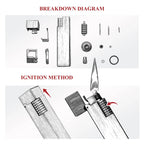 Technical diagram for a Thorens rectangular brass side-slip lighter, showing the exploded component layout and the side-slip ignition method with opening and lighting steps illustrated on a clean white background