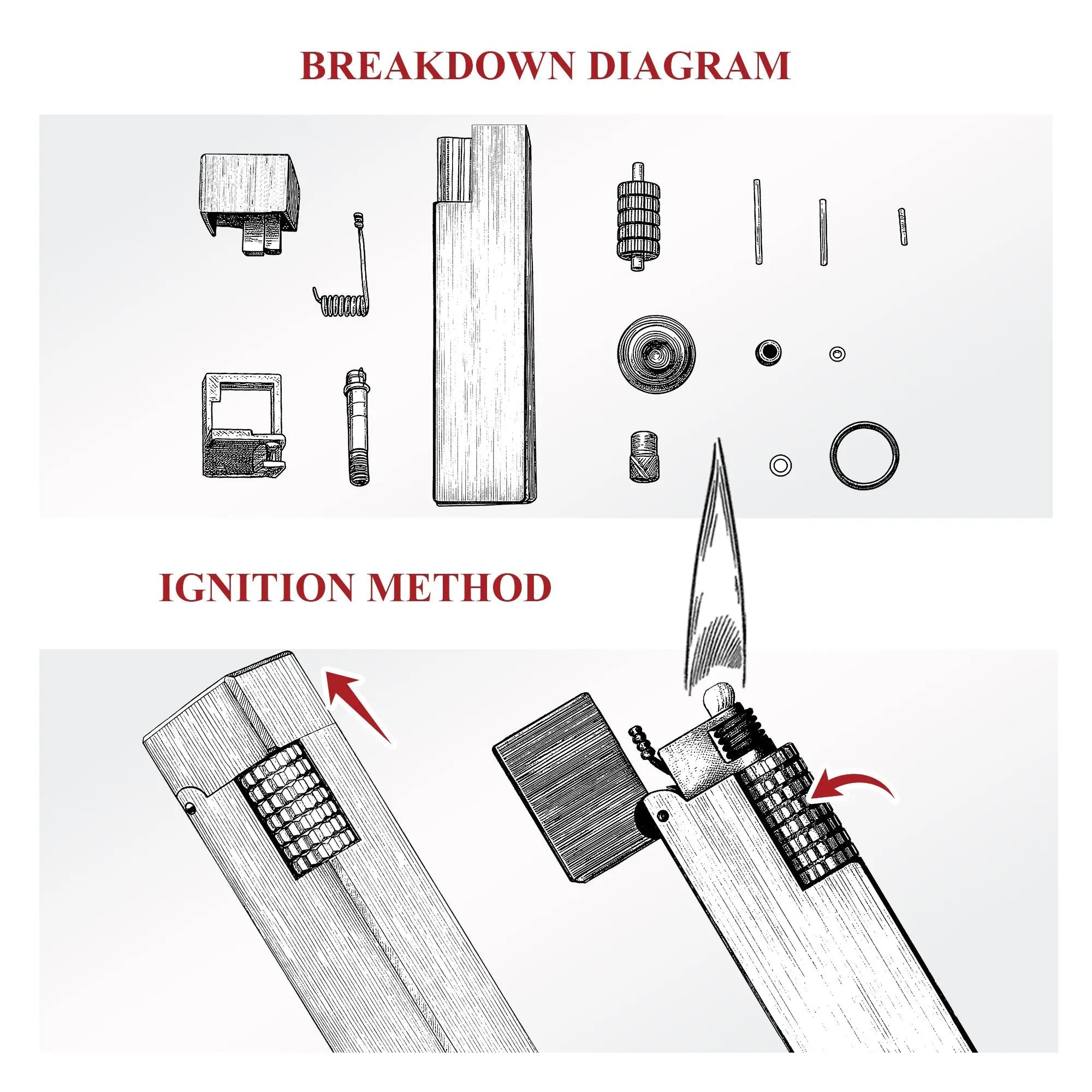 Technical diagram for a Thorens rectangular brass side-slip lighter, showing the exploded component layout and the side-slip ignition method with opening and lighting steps illustrated on a clean white background
