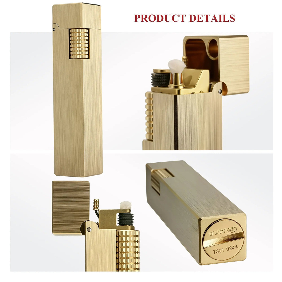 Product detail collage of a glossy brass Thorens rectangular side-slip lighter, showing the closed front view, open ignition structure with wick and flint wheel, side profile, and engraved base detail on a clean light background