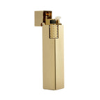 Glossy brass Thorens rectangular side-slip lighter shown open from the front, highlighting the textured ignition wheel, wick, and brushed linear body finish on a clean light background