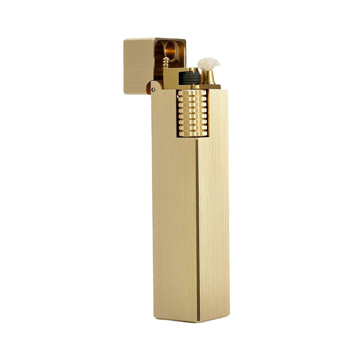 Glossy brass Thorens rectangular side-slip lighter shown open from the front, highlighting the textured ignition wheel, wick, and brushed linear body finish on a clean light background