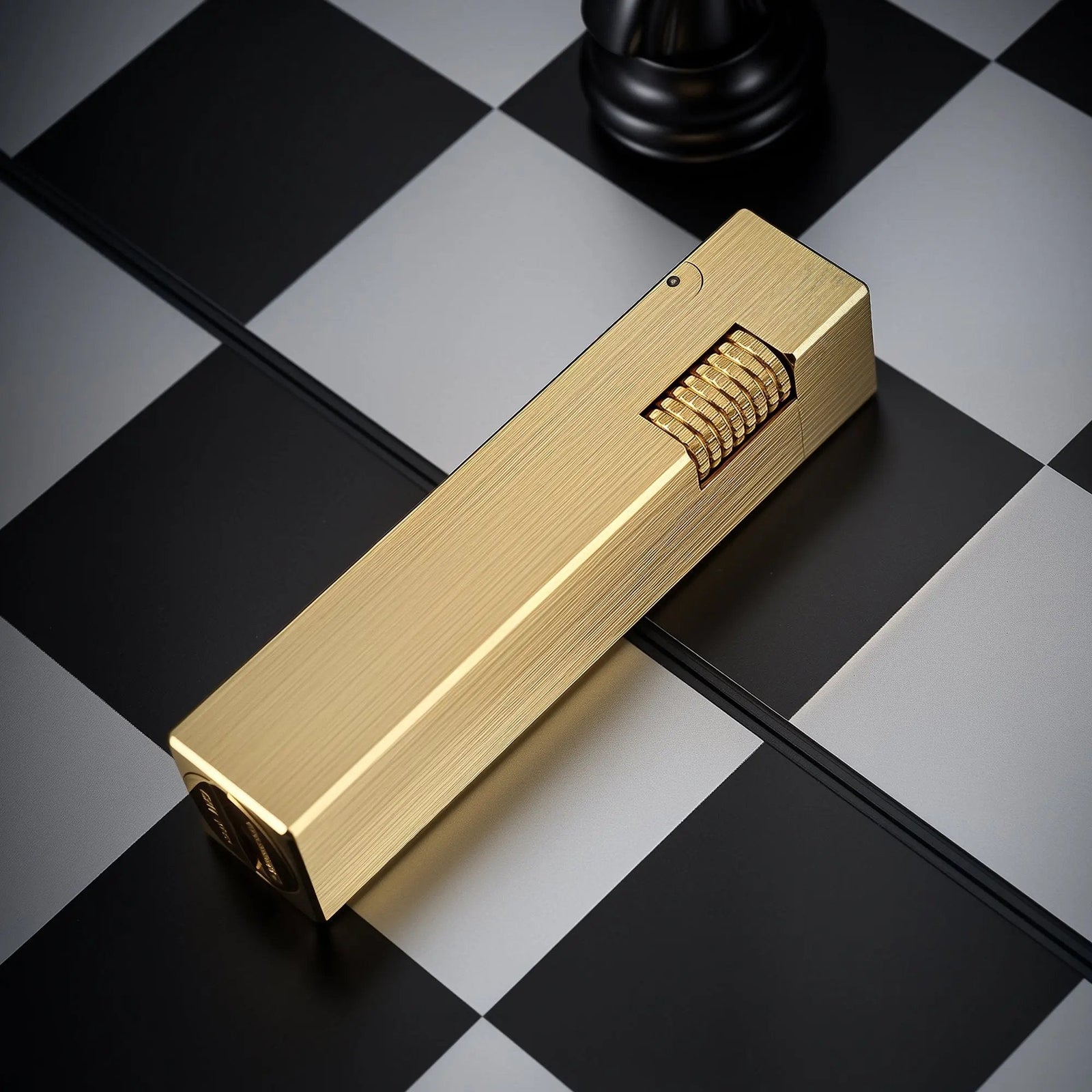 A glossy brass Side Slip rectangular lighter shown with dimension technical drawings and illustrated guides for refilling fluid and replacing the flint.