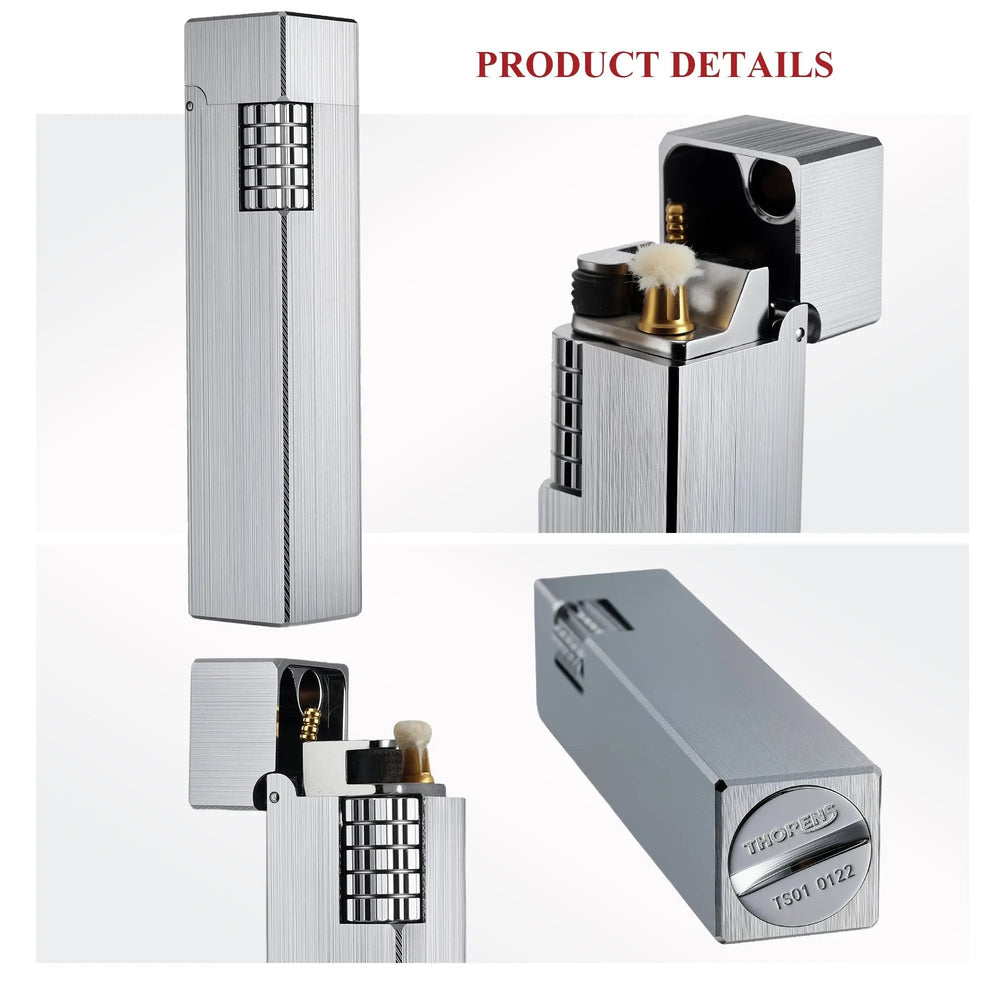 Product detail collage of a glossy silver Thorens rectangular side-slip lighter, showing the closed front view, open ignition structure with wick and flint wheel, side profile, and engraved base detail on a clean light background