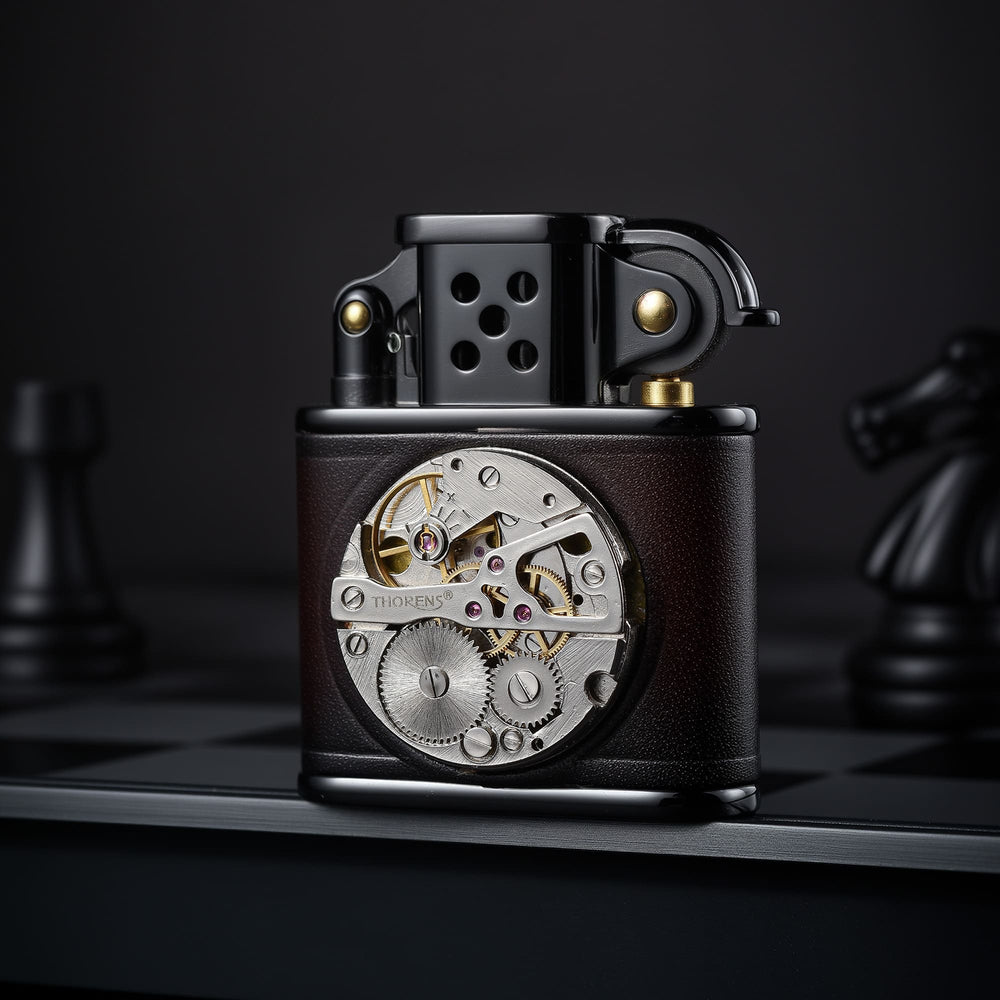 Front view of the THORENS handmade cowhide lighter with inlaid mechanical movement in red and black color, featuring a visible round mechanical movement window on the front.