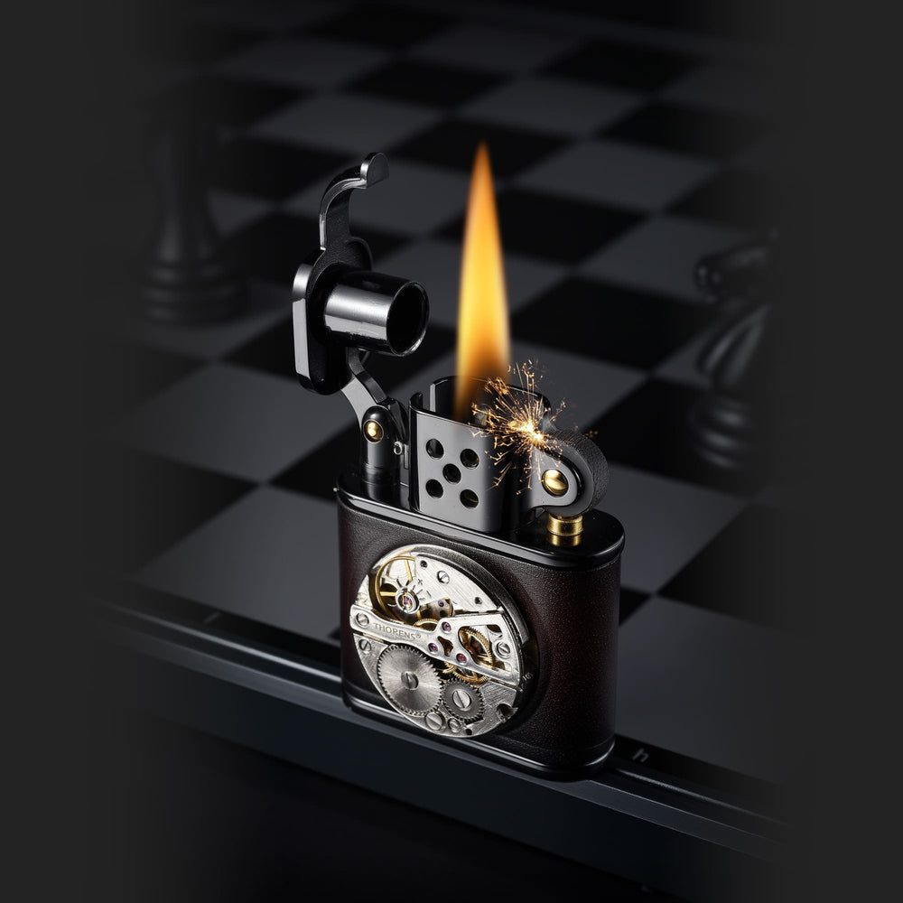 THORENS handmade cowhide lighter with inlaid mechanical movement in red and black color, shown lit with flame and spark on a chessboard-style background.