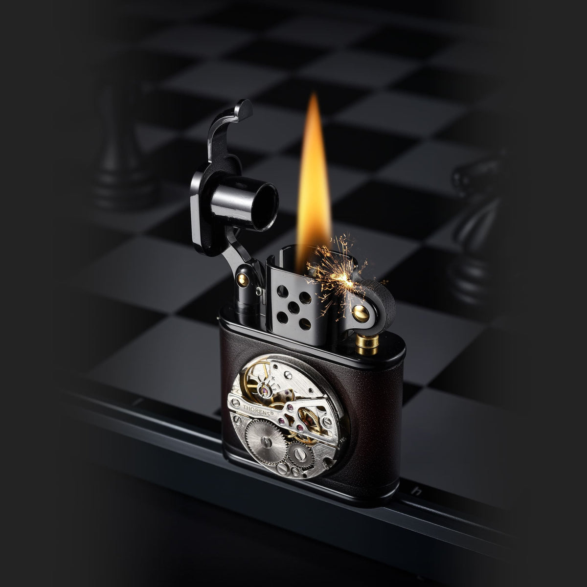 THORENS handmade cowhide lighter with inlaid mechanical movement in red and black color, shown lit with flame and spark on a chessboard-style background.