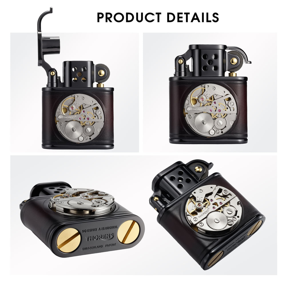 Product details collage of the THORENS handmade cowhide lighter with inlaid mechanical movement in red and black color, showing open lid, front view, bottom view, and angled detail.