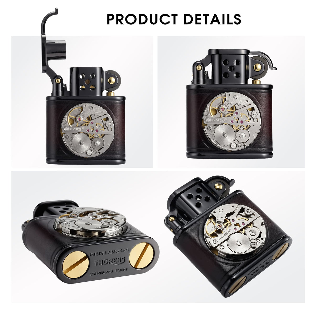 Product details collage of the THORENS handmade cowhide lighter with inlaid mechanical movement in red and black color, showing open lid, front view, bottom view, and angled detail.