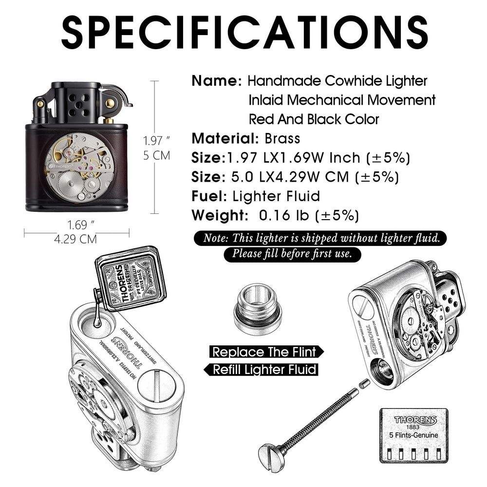 Specifications sheet for the THORENS handmade cowhide lighter with inlaid mechanical movement in red and black color, including size, weight, material, fuel type, and refill and flint replacement guide.