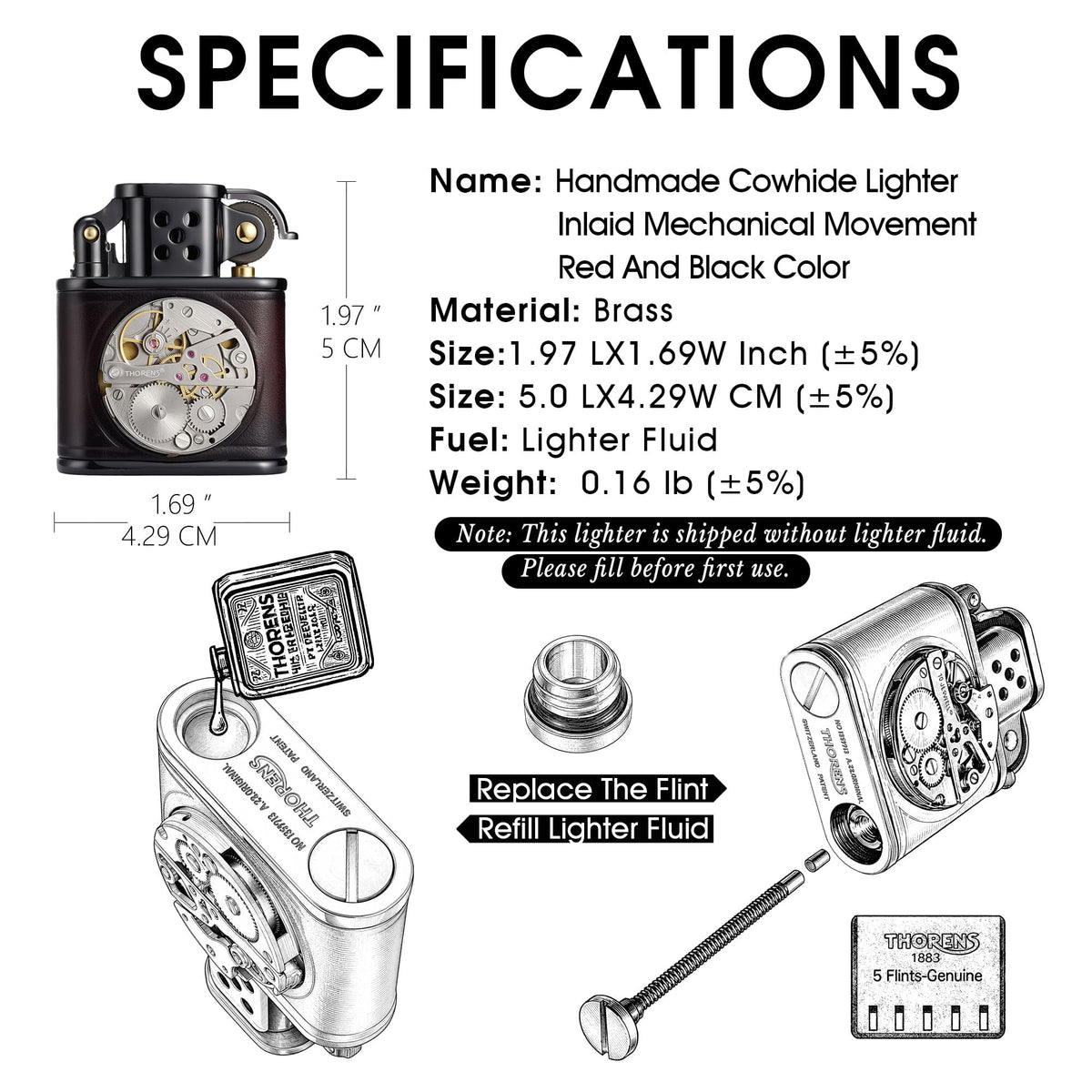 Specifications sheet for the THORENS handmade cowhide lighter with inlaid mechanical movement in red and black color, including size, weight, material, fuel type, and refill and flint replacement guide.
