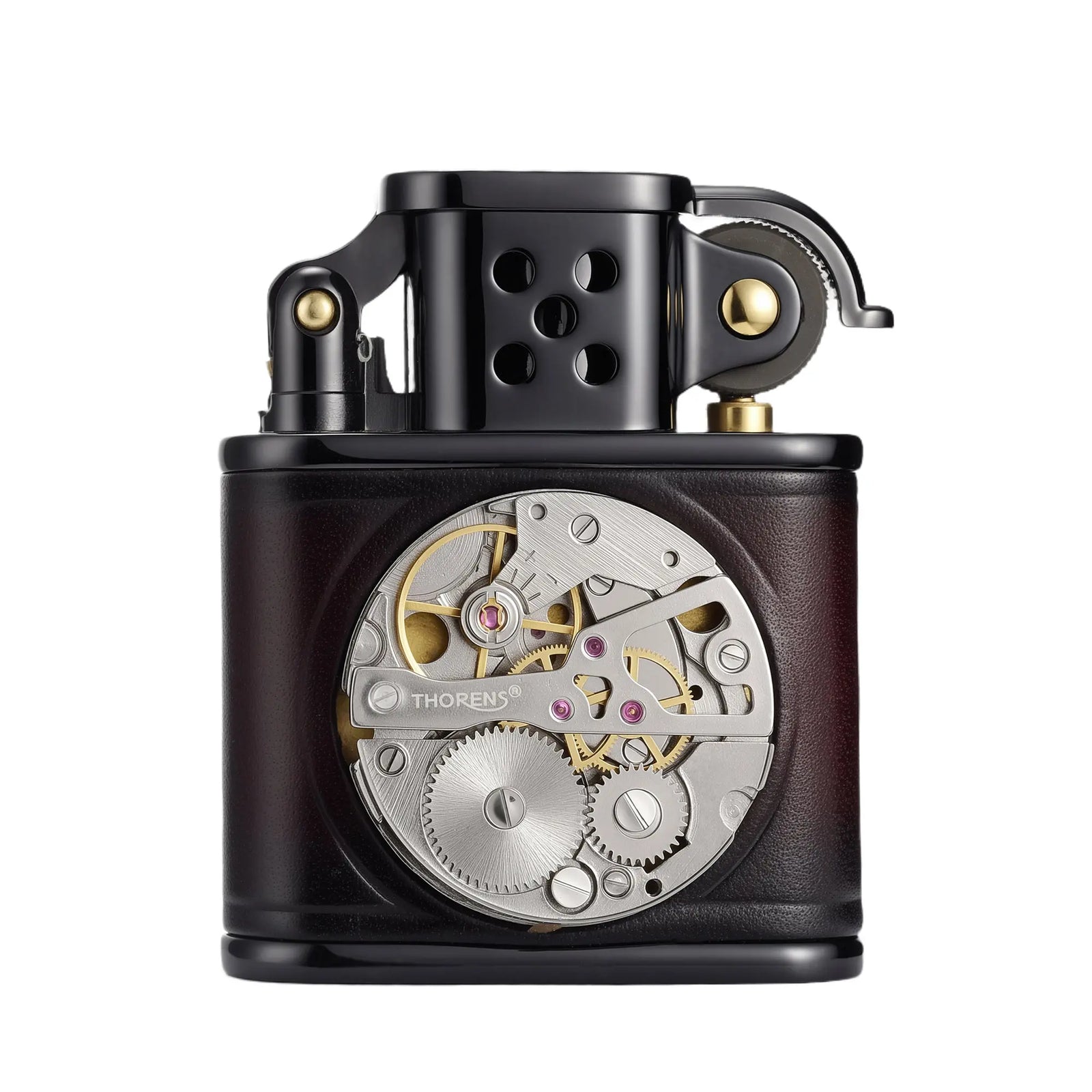 Front view of a Thorens handmade cowhide lighter in red and black, featuring an intricate inlaid mechanical watch movement with visible brass gears.