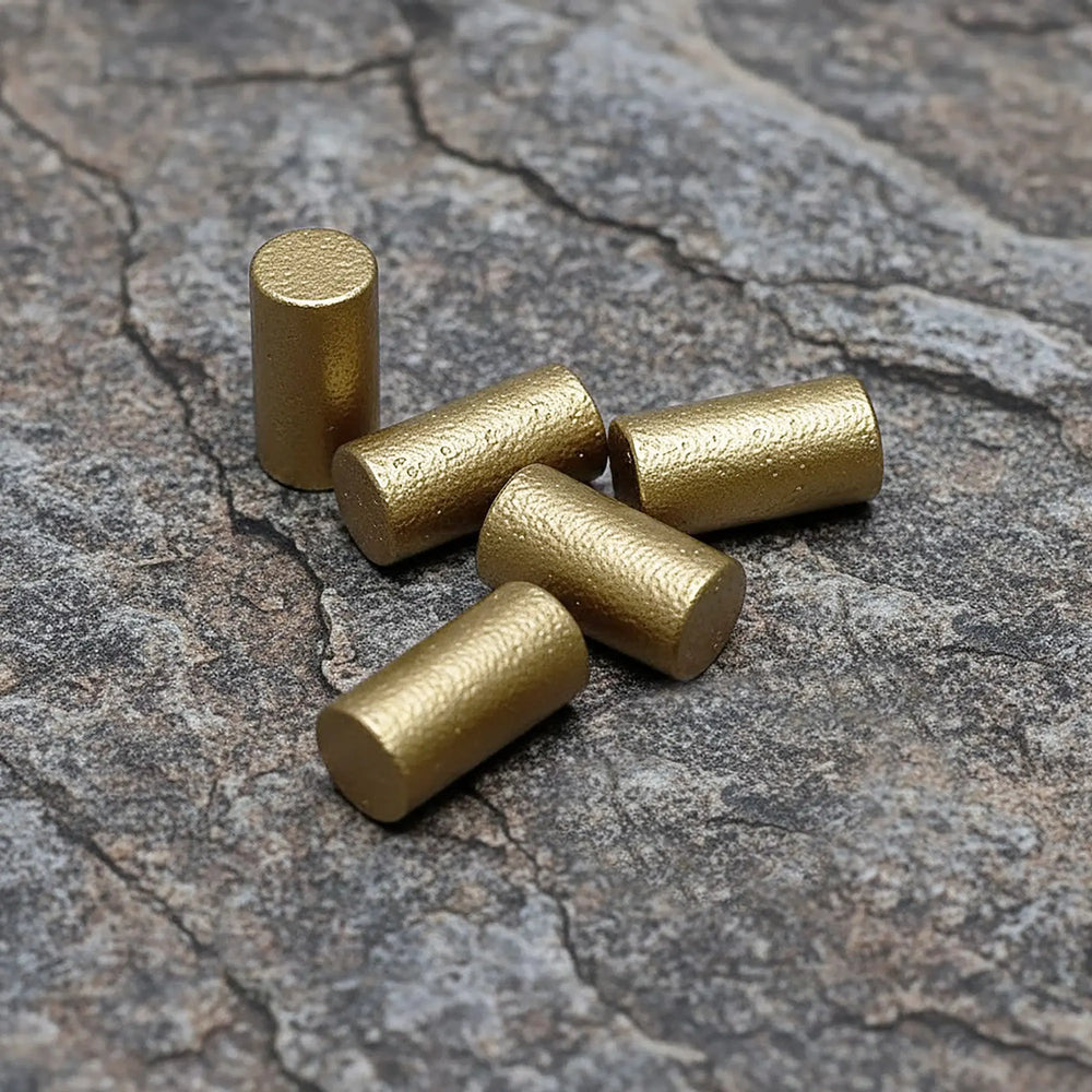 Thorens replacement lighter flints arranged on a textured stone surface, showing five cylindrical flints with a clean metallic finish suited for mechanical lighter maintenance