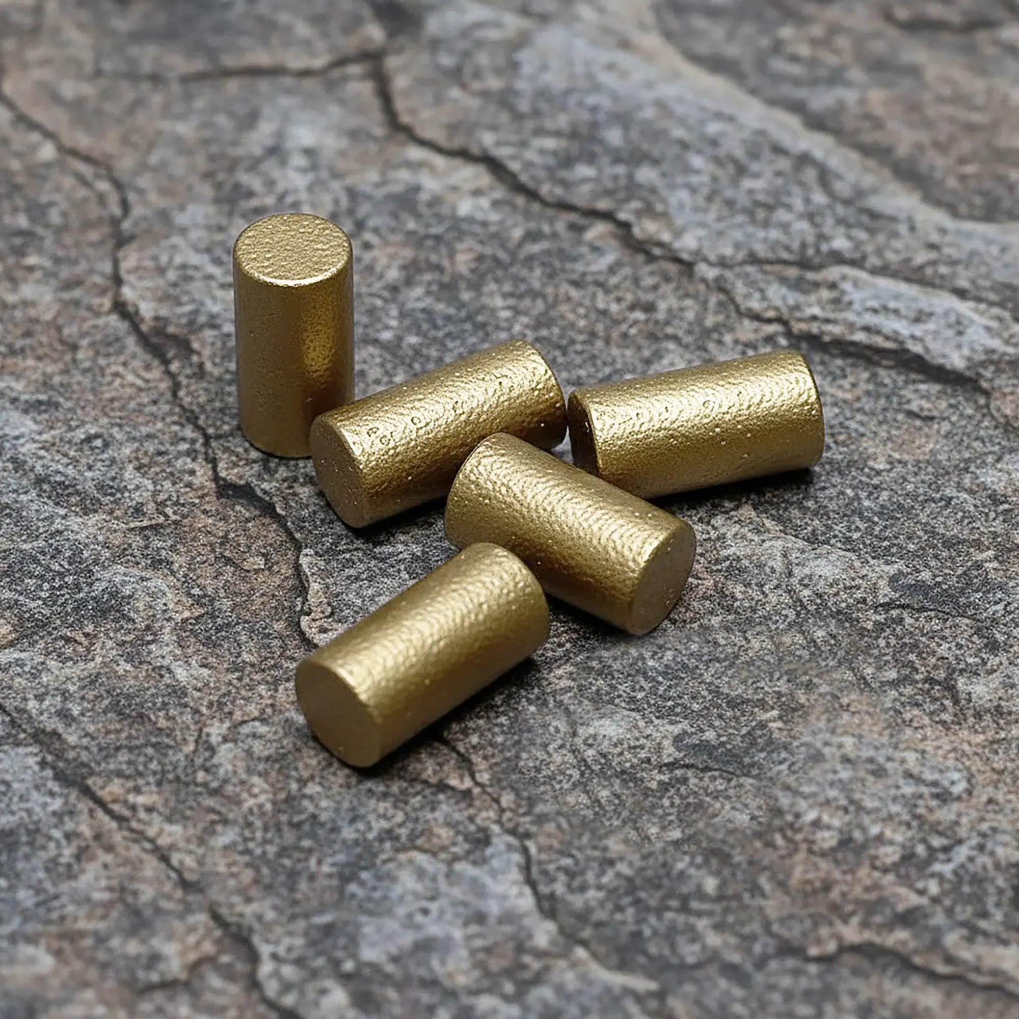 Thorens replacement lighter flints arranged on a textured stone surface, showing five cylindrical flints with a clean metallic finish suited for mechanical lighter maintenance