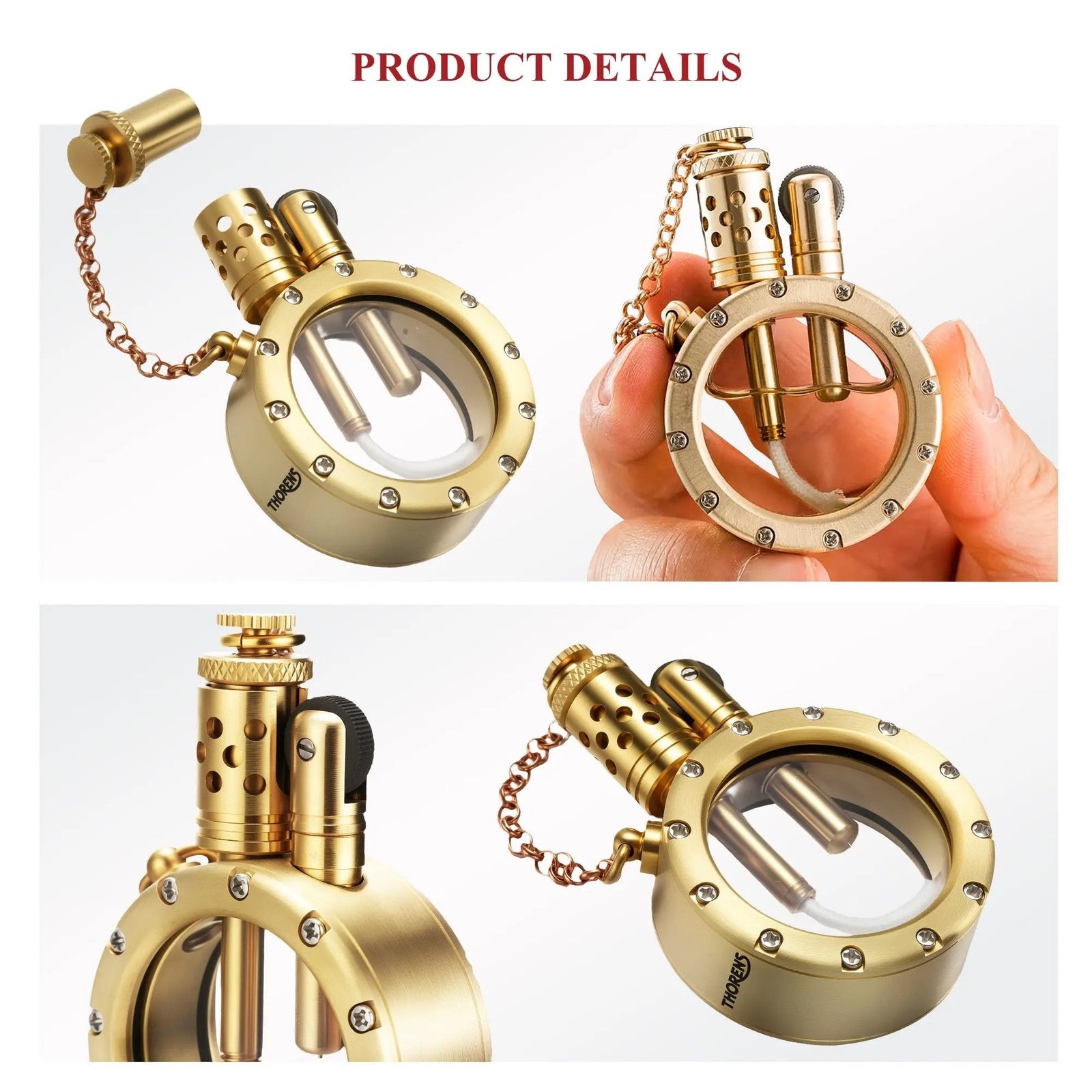 A collage showcasing the brass finish Round Pocket Watch Lighter from multiple angles, highlighting the Thorens engraving, crystal bezel, and mechanical ignition.