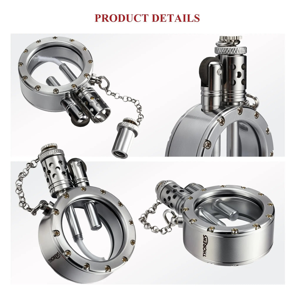A detail-oriented collage of the silver Round Pocket Watch Lighter, showing the Thorens brand engraving, the crystal-studded bezel, and the intricate mechanical ignition assembly.