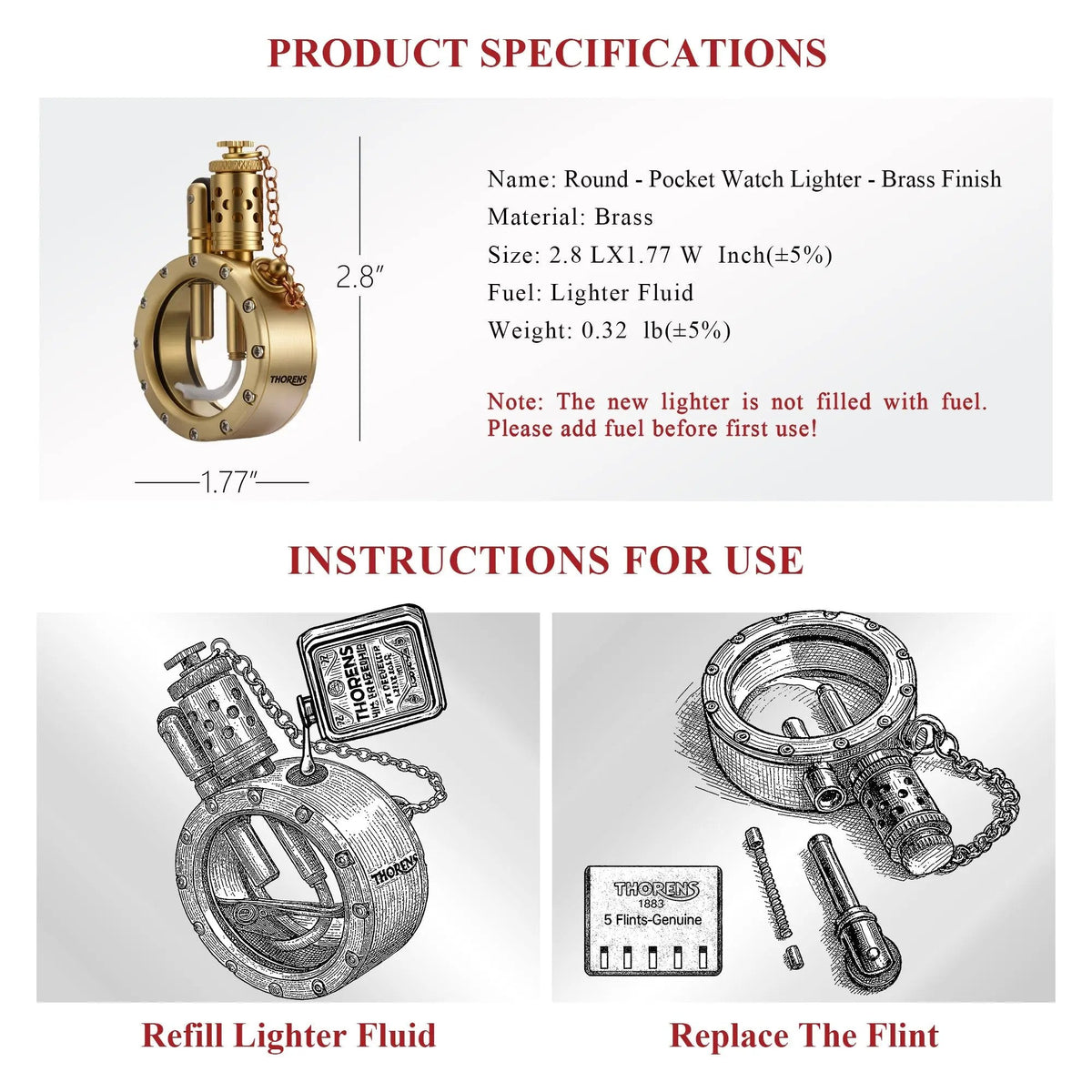 A technical graphic displaying product dimensions, specifications, and illustrated instructions for refilling fluid and replacing flints on the Round Pocket Watch Lighter.