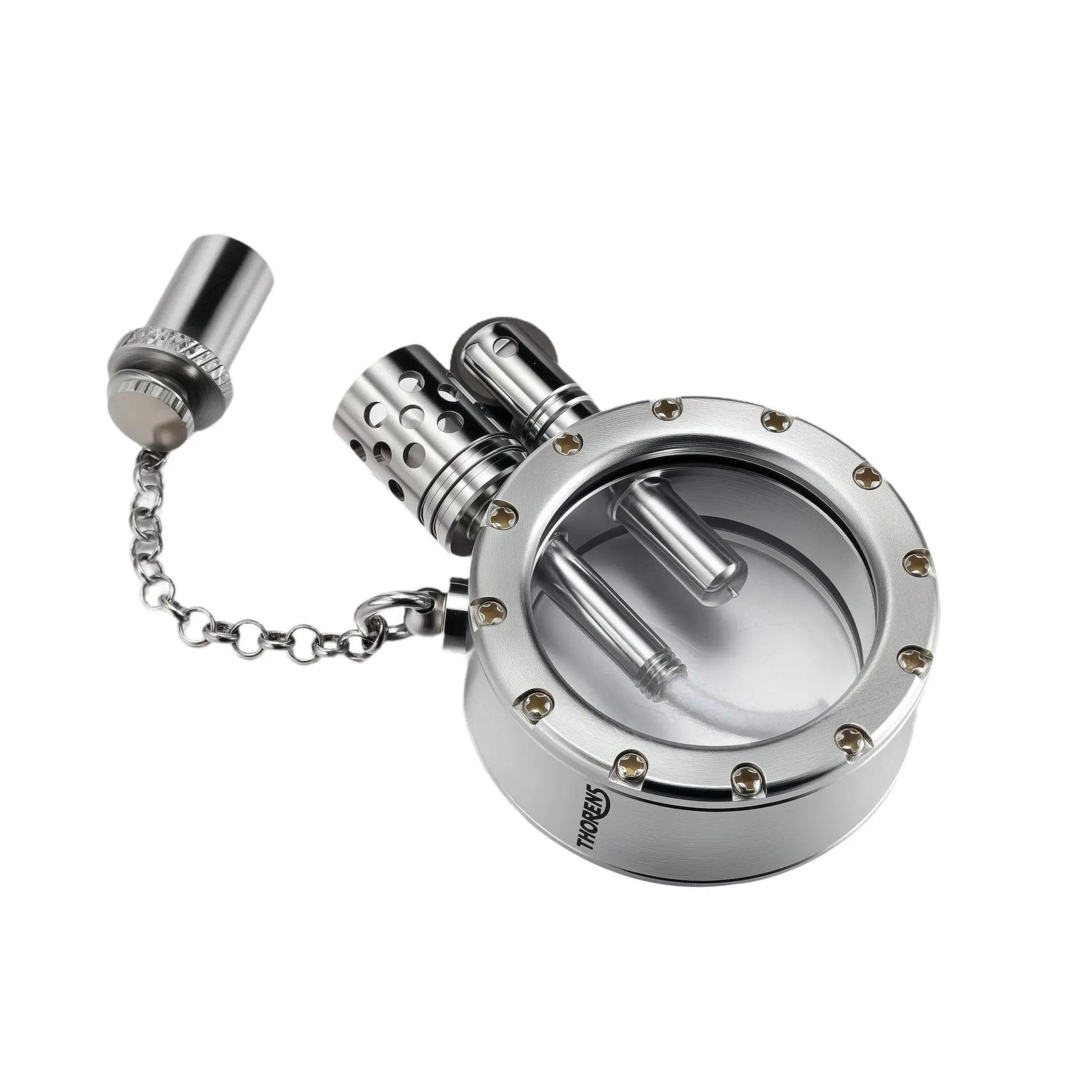 A silver-finished Round Pocket Watch Lighter with the cap unscrewed to reveal the ignition chimney and a transparent fuel tank with a white cotton wick.