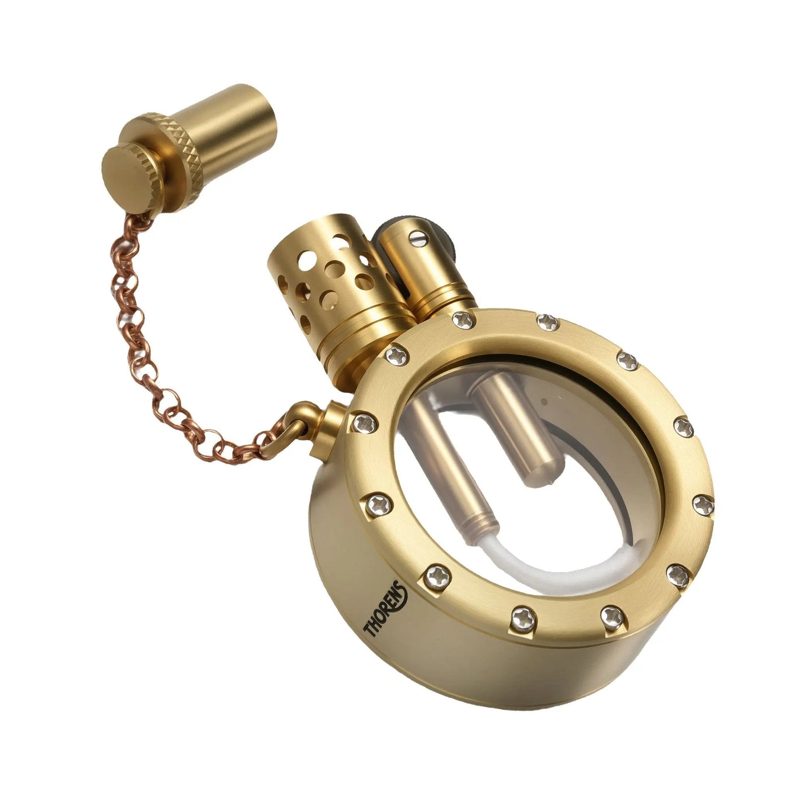 A brushed brass Round Pocket Watch Lighter with the protective cap unscrewed, showing the copper-toned chain, chimney, and transparent internal wick structure.