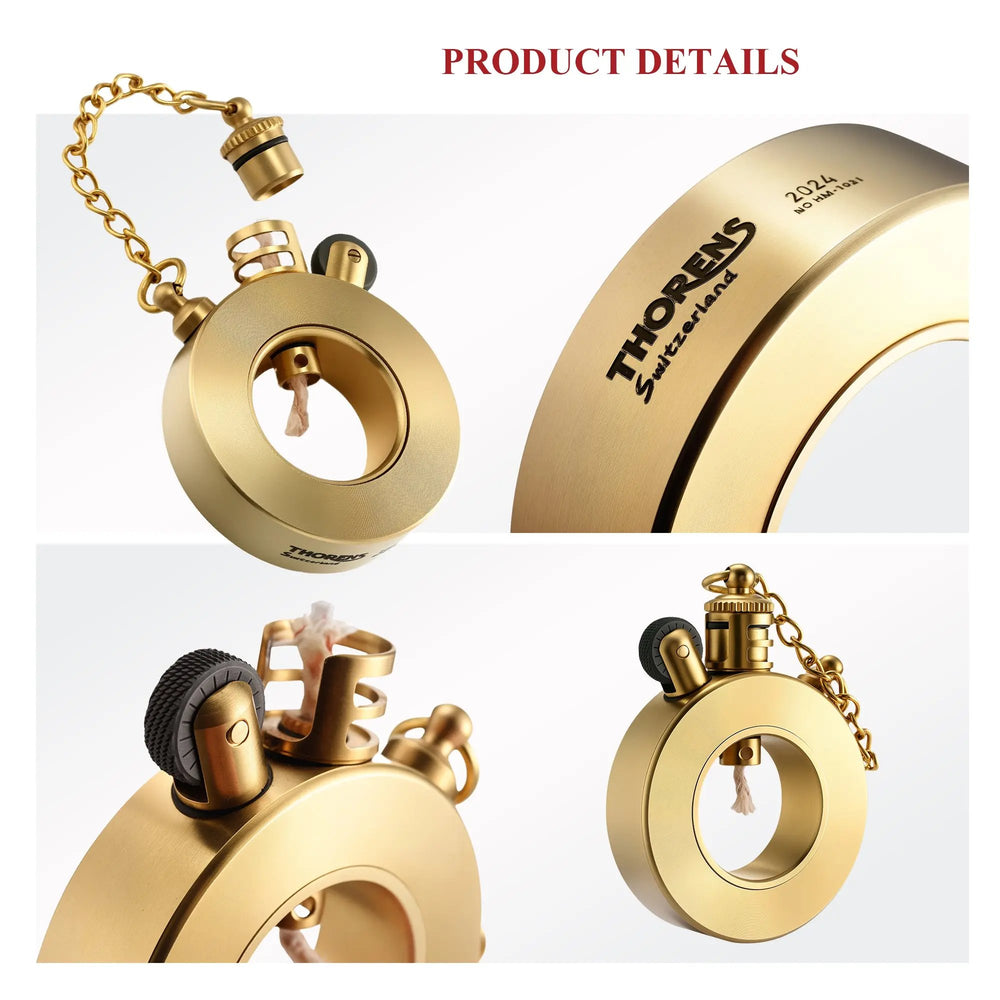 A multi-angle product display of the Thorens Seahorse lighter, featuring close-ups of the brushed brass finish, heritage logo engraving, flint wheel, and the protective cap mechanism.