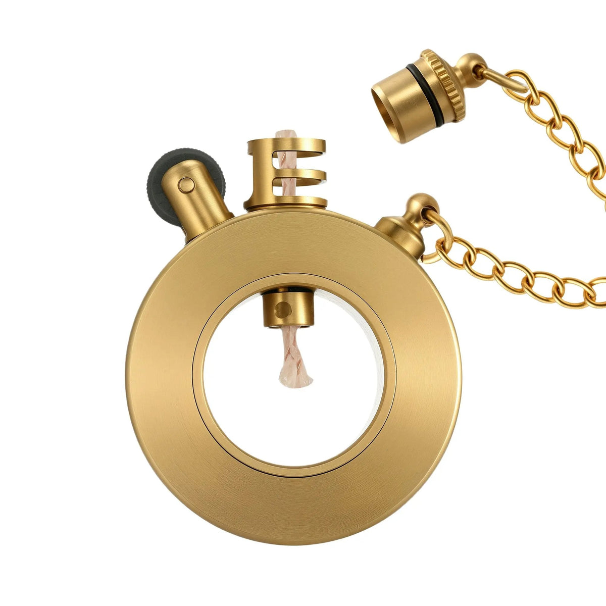A side-profile view of the Thorens Seahorse trench lighter in brushed brass with the protective cap unscrewed, showing the wick and gold-tone safety chain against a white background.