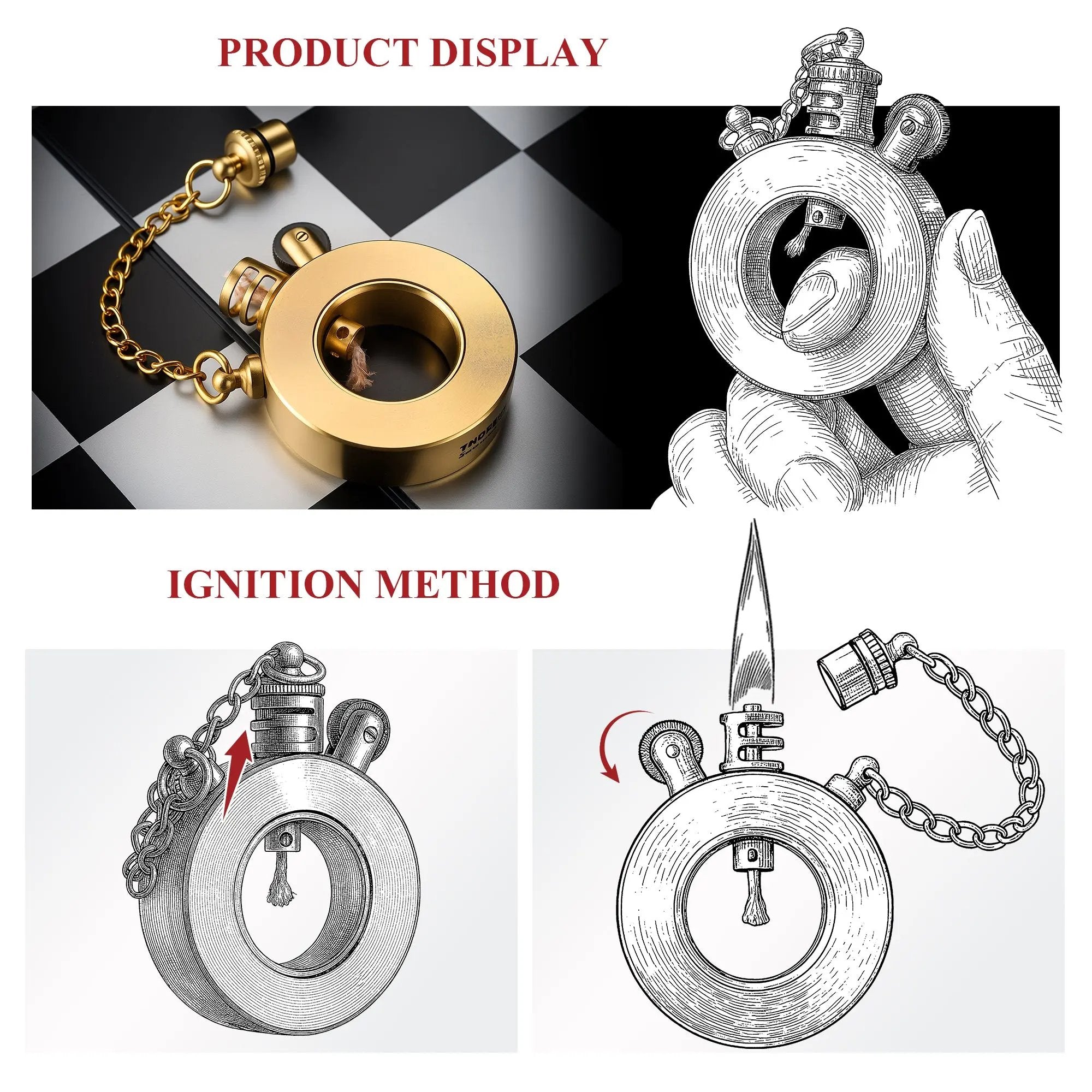 A technical display for the Thorens Seahorse lighter featuring a photo of the brass circular body and detailed hand-drawn diagrams illustrating the ignition process and cap removal.