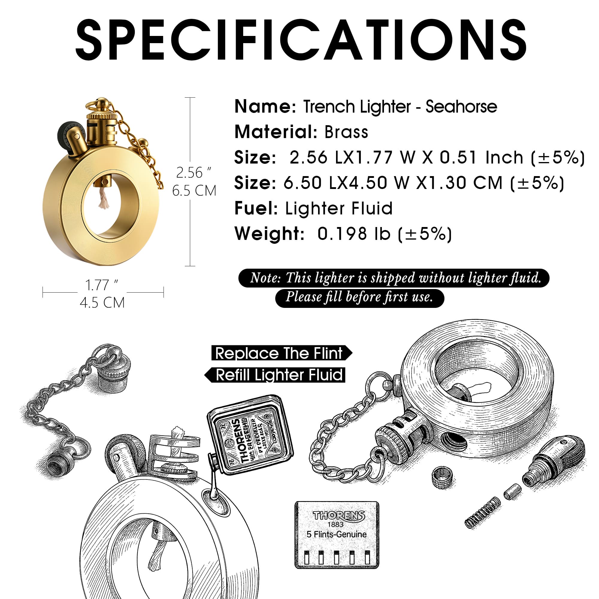 Seahorse Hollow Ring All Metal Fluid Lighter for EDC Gifts and