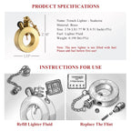 A technical data sheet for the Thorens Seahorse trench lighter, featuring product dimensions, brass material specs, and illustrated diagrams for refilling lighter fluid and replacing the flint.