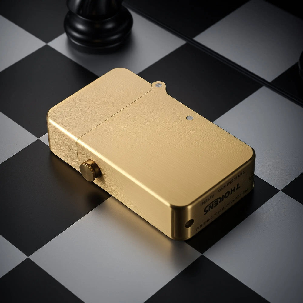 A Thorens semi-automatic ignition lighter in glossy brushed brass, showing the side button and heritage logo engraving on a chessboard.