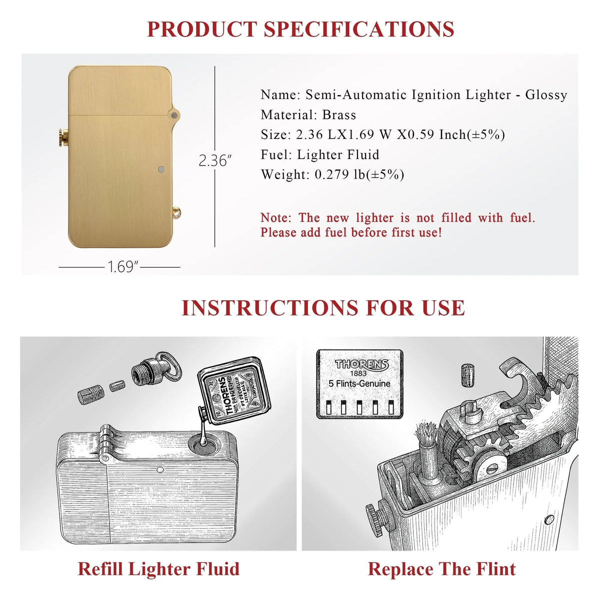 A technical chart for the Thorens glossy brass lighter featuring product dimensions, material specs, and illustrated diagrams for refilling fluid and replacing flints.