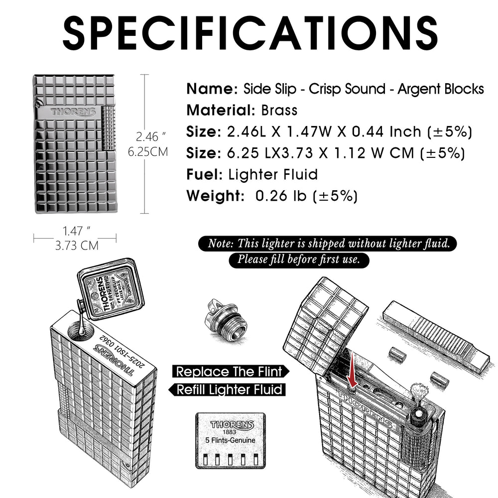 A technical data sheet for the Thorens side slip lighter in Argent Blocks, detailing dimensions, weight, and illustrated steps for refilling fluid and replacing flints.
