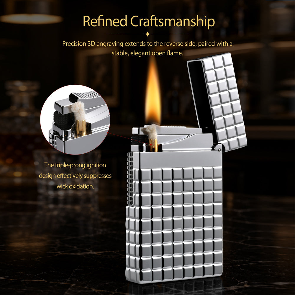A technical data sheet for the Thorens side slip lighter in Argent Blocks, detailing dimensions, weight, and illustrated steps for refilling fluid and replacing flints.