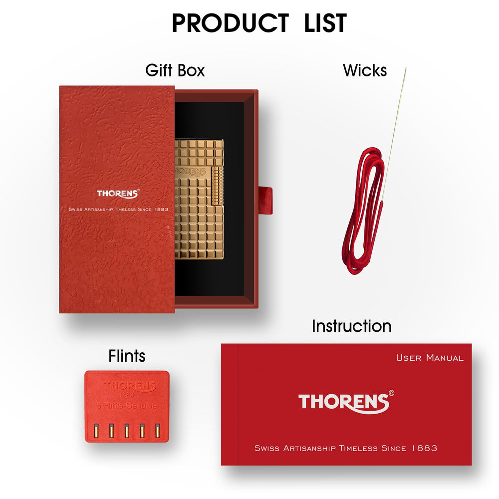 A Thorens Side Slip Auric Blocks lighter presented in its signature red gift box, accompanied by 5 genuine flints, replacement wicks, and a user manual.