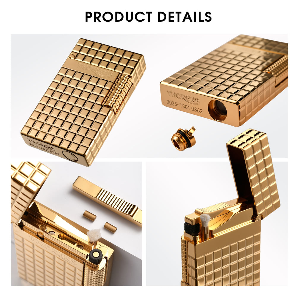 A detailed collage of a gold Thorens side slip lighter, showing the precision ignition roller, the bottom fuel tank with its sealing screw removed, and the internal cotton wick and flint chamber.