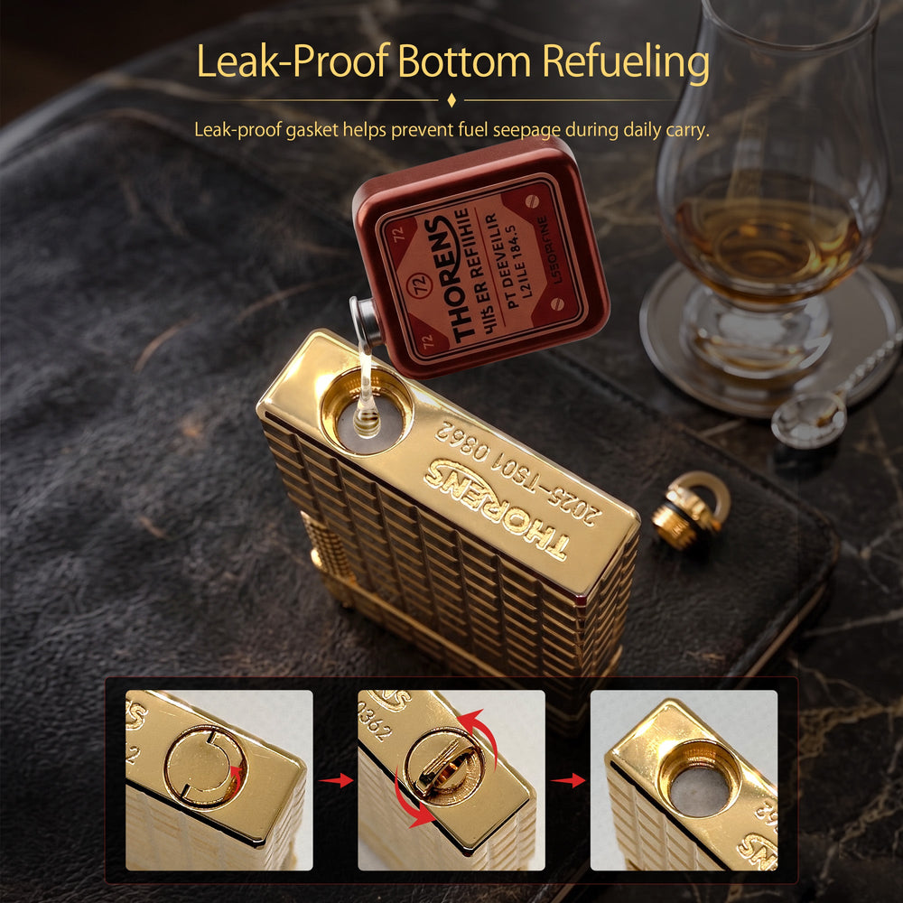 The back of a gold Thorens side slip lighter, showcasing the seamless auric block pattern and high-polish finish across the brass body.